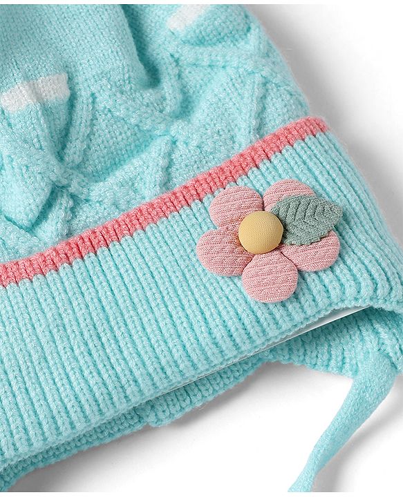 Babyhug Viscose Woollen Cap With Flower Applique in Blue - Diameter 15 cm