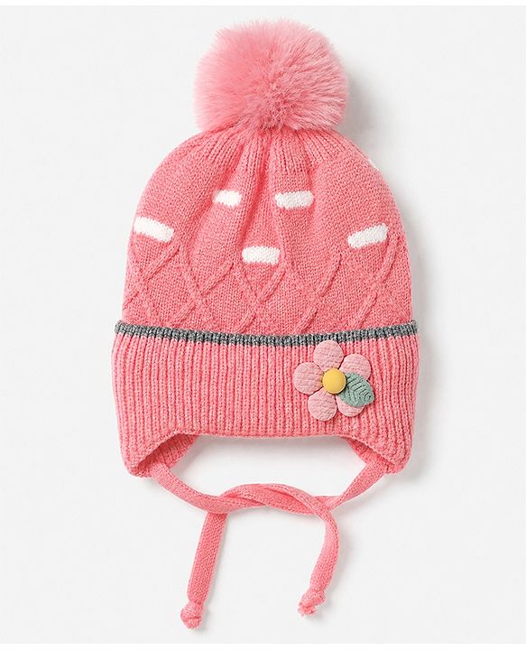 Babyhug Viscose Woollen Cap With Flower Applique in Blue - Diameter 15 cm