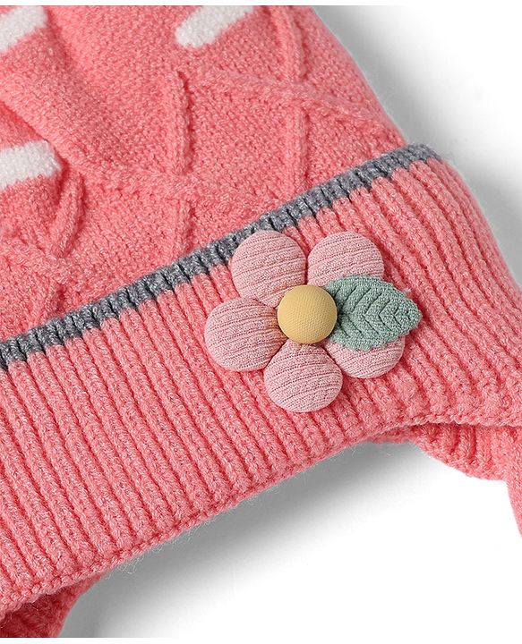 Babyhug Viscose Woollen Cap With Flower Applique in Blue - Diameter 15 cm