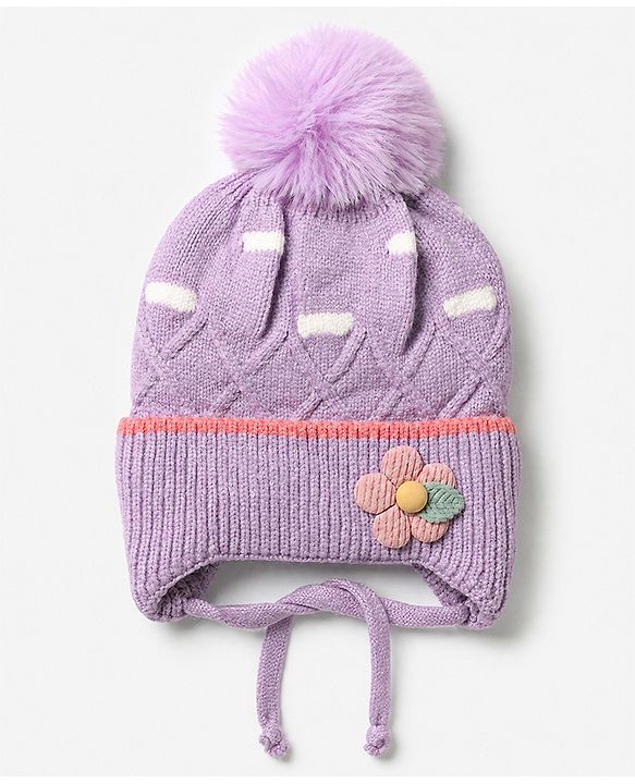 Babyhug Viscose Woollen Cap With Flower Applique in Blue - Diameter 15 cm