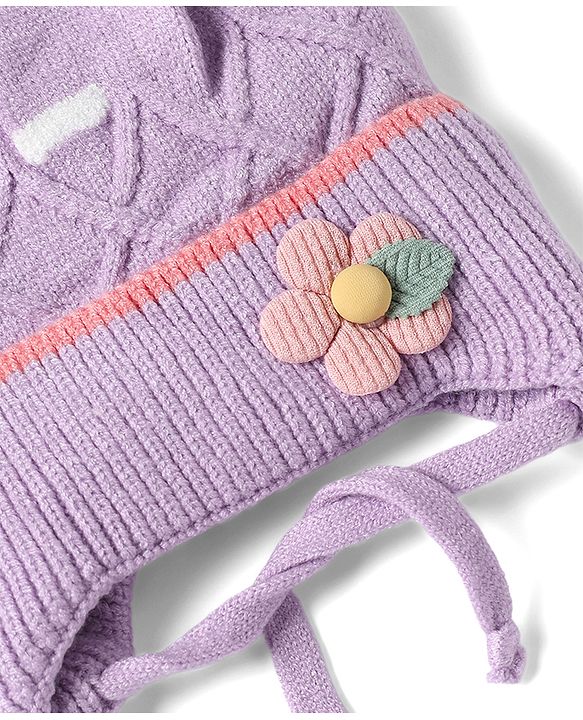 Babyhug Viscose Woollen Cap With Flower Applique in Blue - Diameter 15 cm