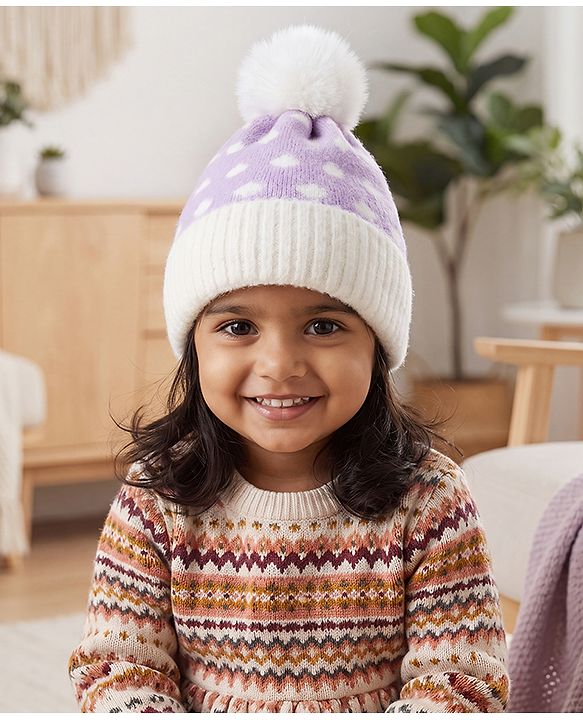 Babyhug Woollen Cap with Polka Dots & Pom Pom in Purple - Diameter 17 cm