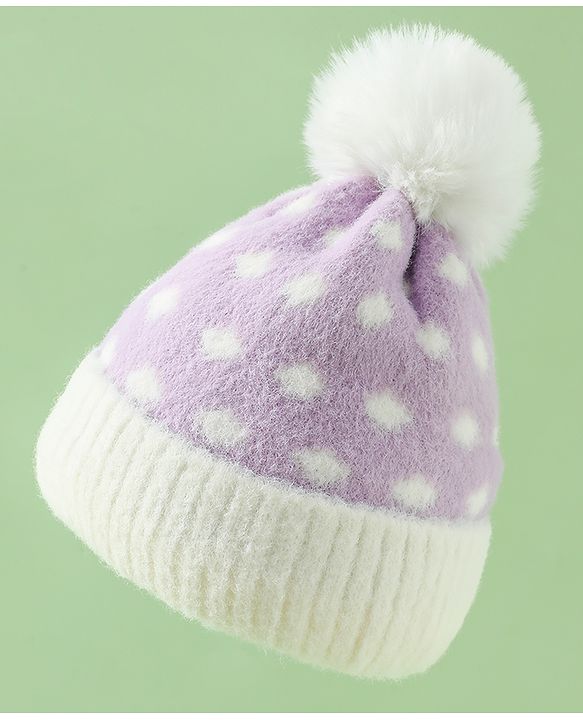Babyhug Woollen Cap with Polka Dots & Pom Pom in Purple - Diameter 17 cm