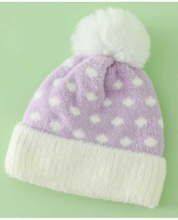 Babyhug Woollen Cap with Polka Dots & Pom Pom in Purple - Diameter 17 cm