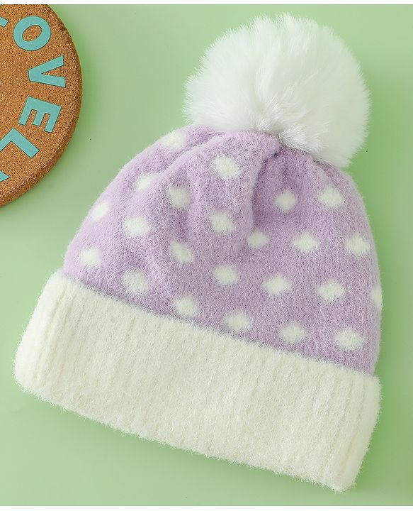 Babyhug Woollen Cap with Polka Dots & Pom Pom in Purple - Diameter 17 cm
