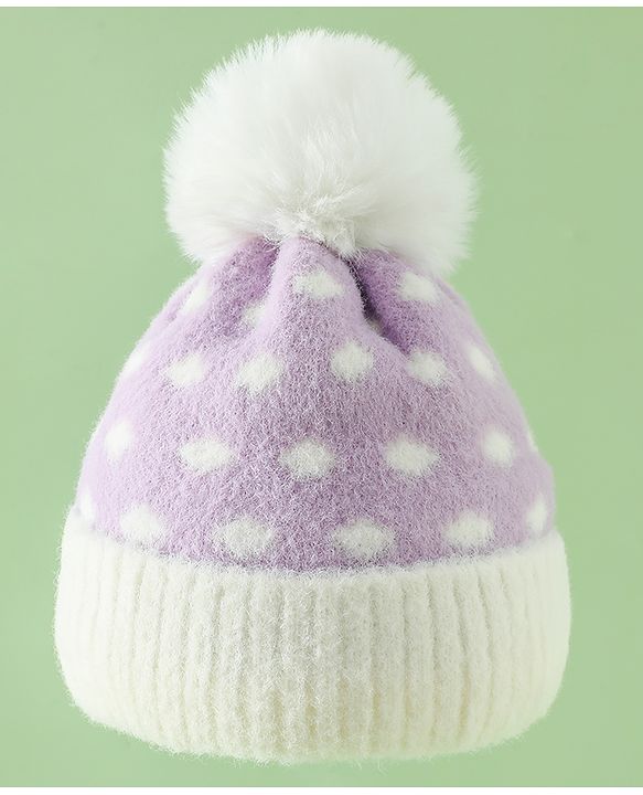 Babyhug Woollen Cap with Polka Dots & Pom Pom in Purple - Diameter 17 cm