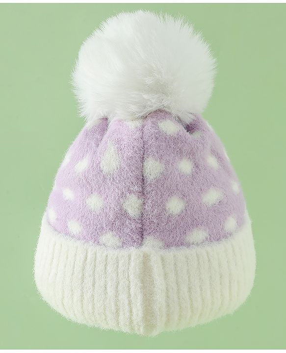 Babyhug Woollen Cap with Polka Dots & Pom Pom in Purple - Diameter 17 cm