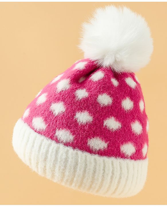 Babyhug Woollen Cap with Polka Dots & Pom Pom in Purple - Diameter 17 cm