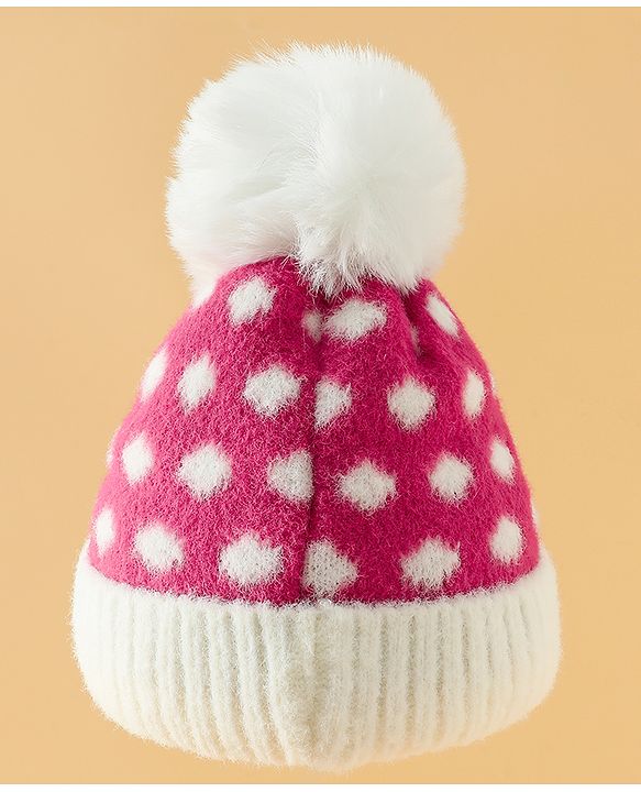 Babyhug Woollen Cap with Polka Dots & Pom Pom in Purple - Diameter 17 cm