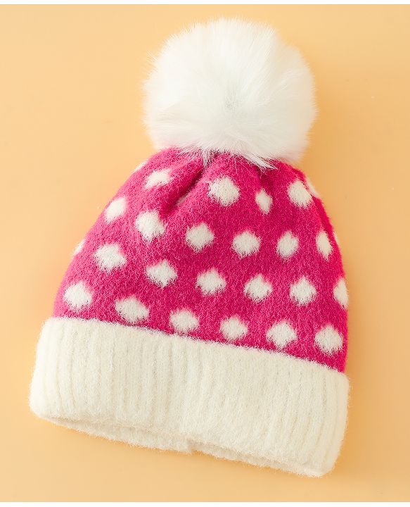 Babyhug Woollen Cap with Polka Dots & Pom Pom in Purple - Diameter 17 cm