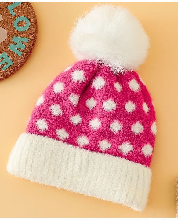 Babyhug Woollen Cap with Polka Dots & Pom Pom in Purple - Diameter 17 cm