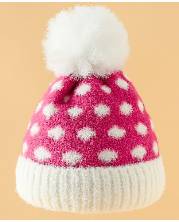 Babyhug Woollen Cap with Polka Dots & Pom Pom in Purple - Diameter 17 cm