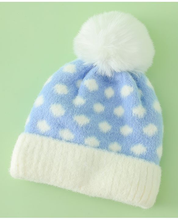 Babyhug Woollen Cap with Polka Dots & Pom Pom in Purple - Diameter 17 cm