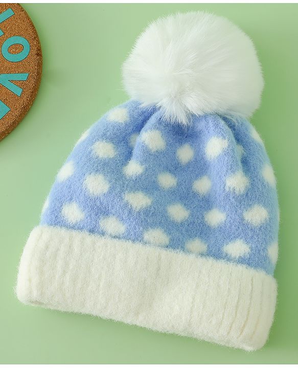 Babyhug Woollen Cap with Polka Dots & Pom Pom in Purple - Diameter 17 cm