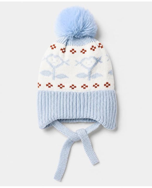 Babyhug Winter Cap With Flower Design in Blue - Diameter 15.5 cm