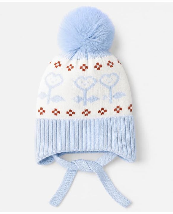 Babyhug Winter Cap With Flower Design in Blue - Diameter 15.5 cm