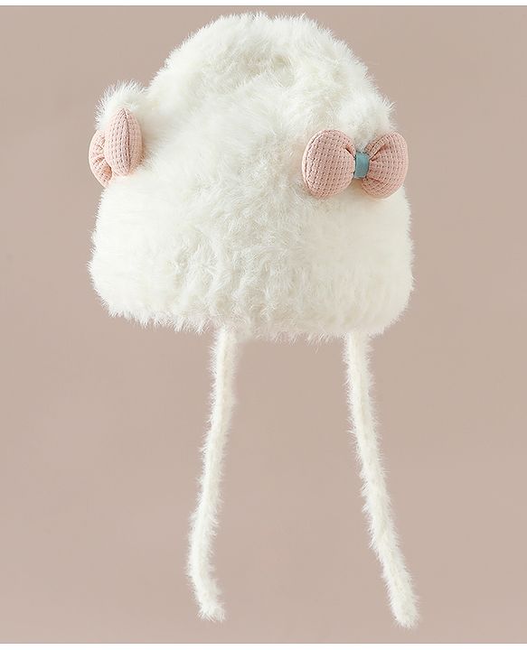Babyhug Woollen Cap with Knot & Bow Applique White - Diameter 16.5 cm