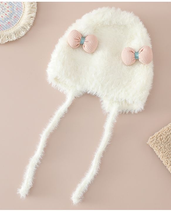 Babyhug Woollen Cap with Knot & Bow Applique White - Diameter 16.5 cm