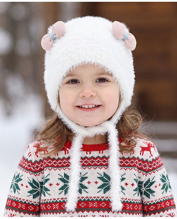 Babyhug Woollen Cap with Knot & Bow Applique White - Diameter 16.5 cm