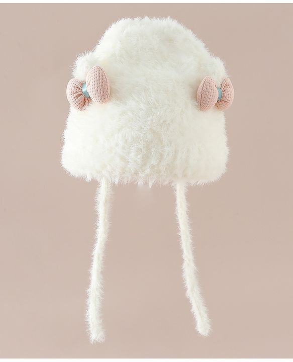 Babyhug Woollen Cap with Knot & Bow Applique White - Diameter 16.5 cm