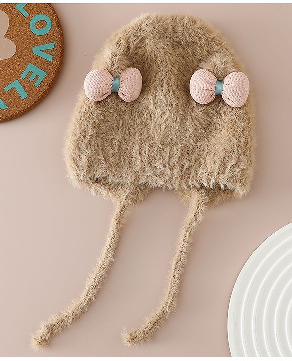 Babyhug Woollen Cap with Knot & Bow Applique White - Diameter 16.5 cm
