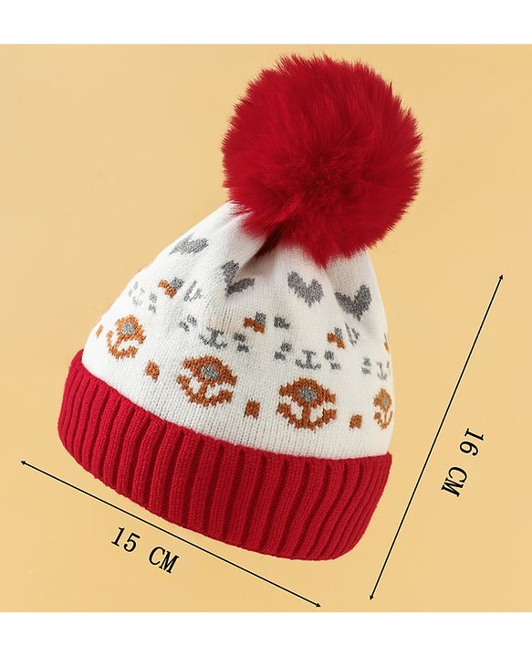 Babyhug Woollen Cap with Heart Print & Pom Pom in Red - Diameter 16.5 cm