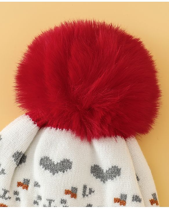 Babyhug Woollen Cap with Heart Print & Pom Pom in Red - Diameter 16.5 cm