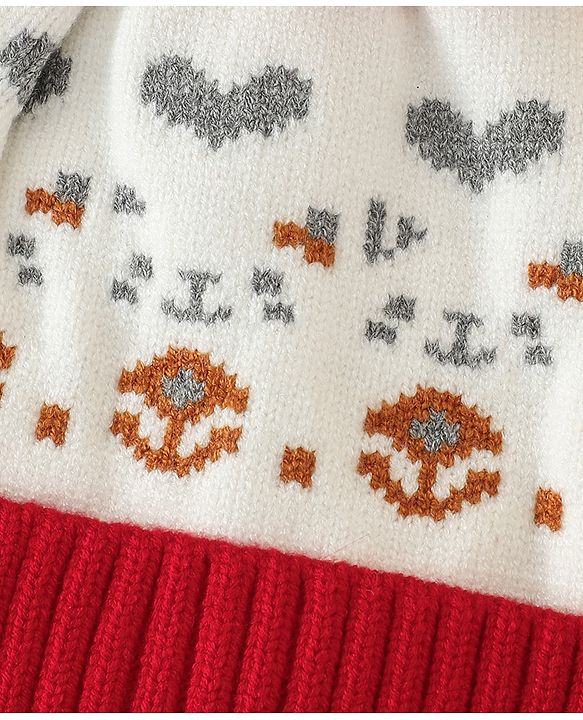 Babyhug Woollen Cap with Heart Print & Pom Pom in Red - Diameter 16.5 cm