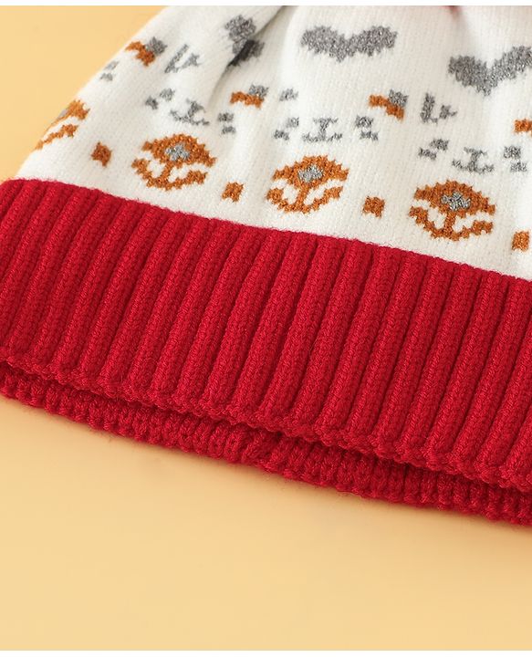 Babyhug Woollen Cap with Heart Print & Pom Pom in Red - Diameter 16.5 cm