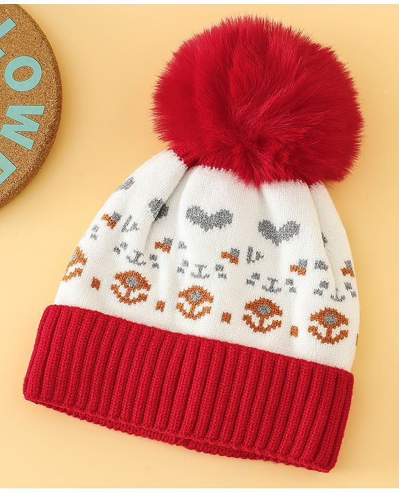 Babyhug Woollen Cap with Heart Print & Pom Pom in Red - Diameter 16.5 cm