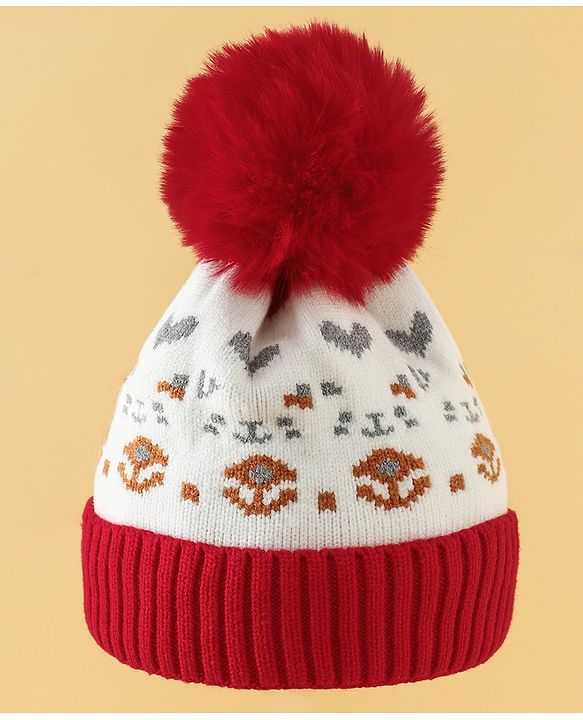 Babyhug Woollen Cap with Heart Print & Pom Pom in Red - Diameter 16.5 cm