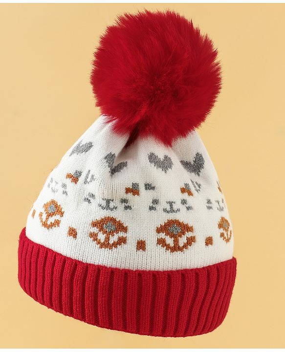 Babyhug Woollen Cap with Heart Print & Pom Pom in Red - Diameter 16.5 cm