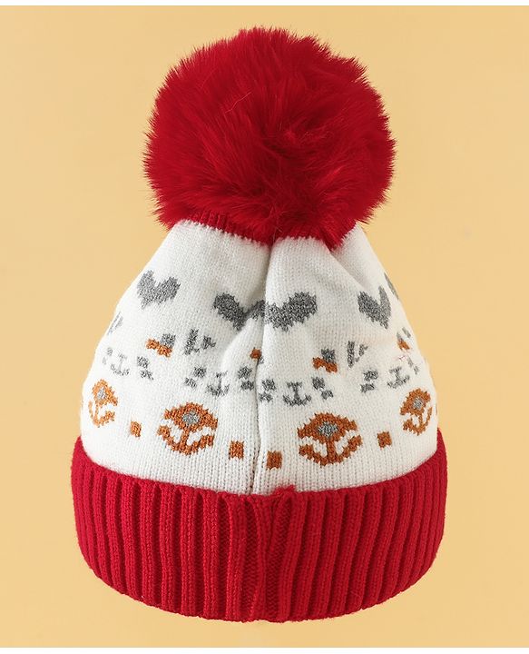 Babyhug Woollen Cap with Heart Print & Pom Pom in Red - Diameter 16.5 cm