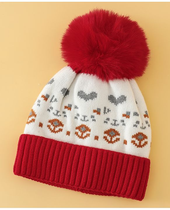 Babyhug Woollen Cap with Heart Print & Pom Pom in Red - Diameter 16.5 cm