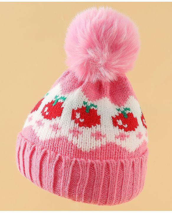 Babyhug Viscose Woollen Cap with Pom Pom & Tomato Print Pink - Diameter 17.5 cm