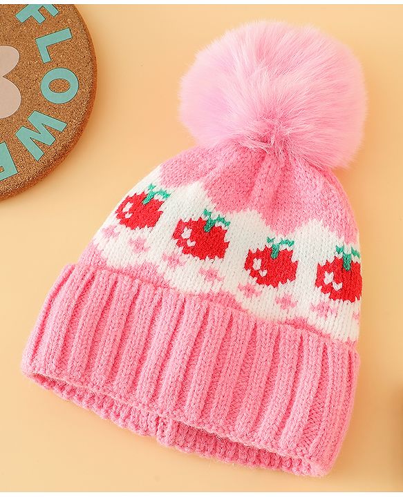 Babyhug Viscose Woollen Cap with Pom Pom & Tomato Print Pink - Diameter 17.5 cm