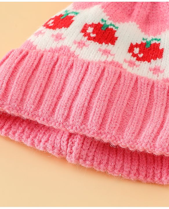 Babyhug Viscose Woollen Cap with Pom Pom & Tomato Print Pink - Diameter 17.5 cm