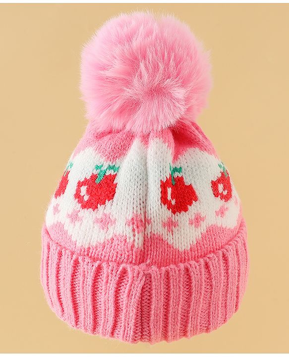 Babyhug Viscose Woollen Cap with Pom Pom & Tomato Print Pink - Diameter 17.5 cm