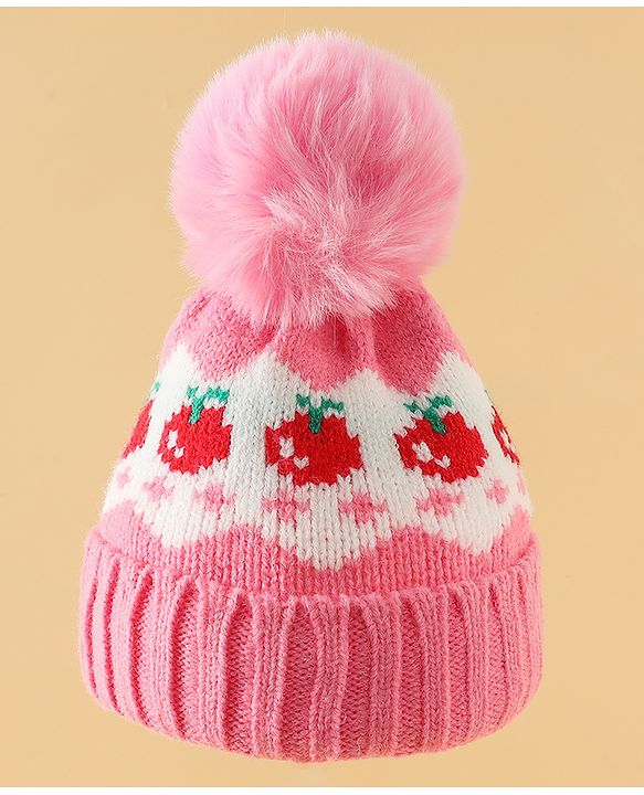 Babyhug Viscose Woollen Cap with Pom Pom & Tomato Print Pink - Diameter 17.5 cm