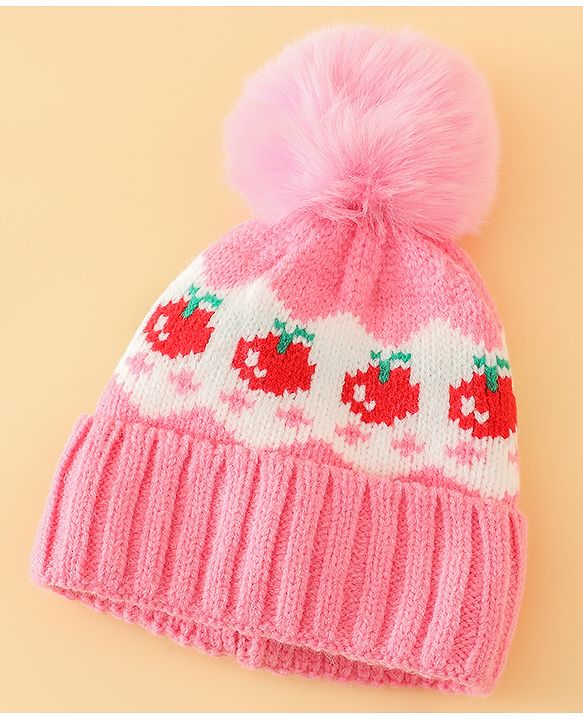 Babyhug Viscose Woollen Cap with Pom Pom & Tomato Print Pink - Diameter 17.5 cm