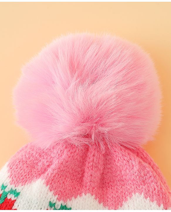 Babyhug Viscose Woollen Cap with Pom Pom & Tomato Print Pink - Diameter 17.5 cm