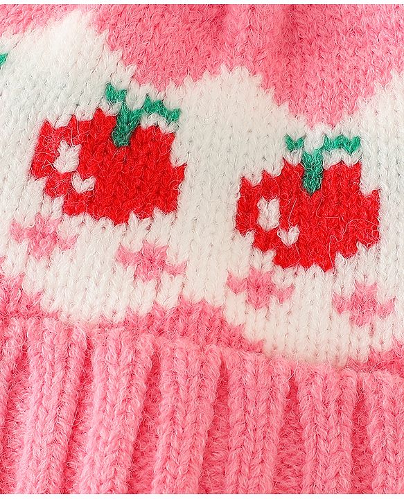 Babyhug Viscose Woollen Cap with Pom Pom & Tomato Print Pink - Diameter 17.5 cm