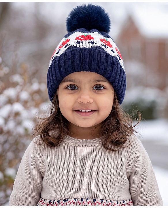 Babyhug Viscose Woollen Cap with Pom Pom & Tomato Print Pink - Diameter 17.5 cm