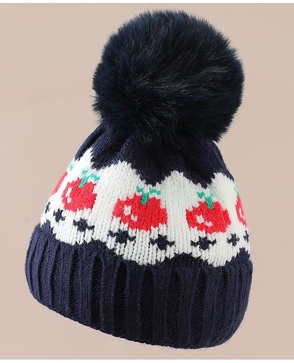 Babyhug Viscose Woollen Cap with Pom Pom & Tomato Print Pink - Diameter 17.5 cm
