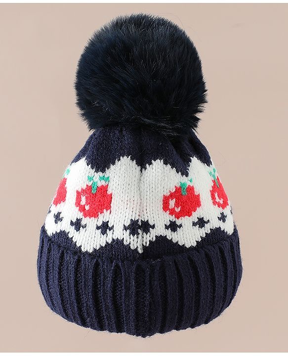 Babyhug Viscose Woollen Cap with Pom Pom & Tomato Print Pink - Diameter 17.5 cm