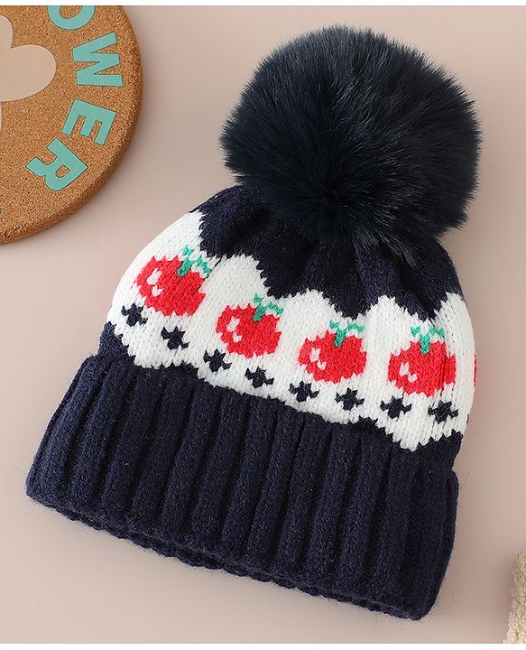 Babyhug Viscose Woollen Cap with Pom Pom & Tomato Print Pink - Diameter 17.5 cm