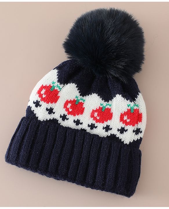 Babyhug Viscose Woollen Cap with Pom Pom & Tomato Print Pink - Diameter 17.5 cm