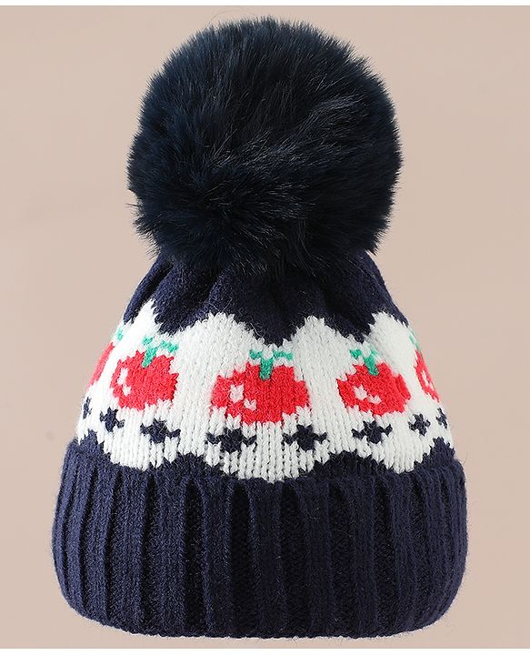 Babyhug Viscose Woollen Cap with Pom Pom & Tomato Print Pink - Diameter 17.5 cm