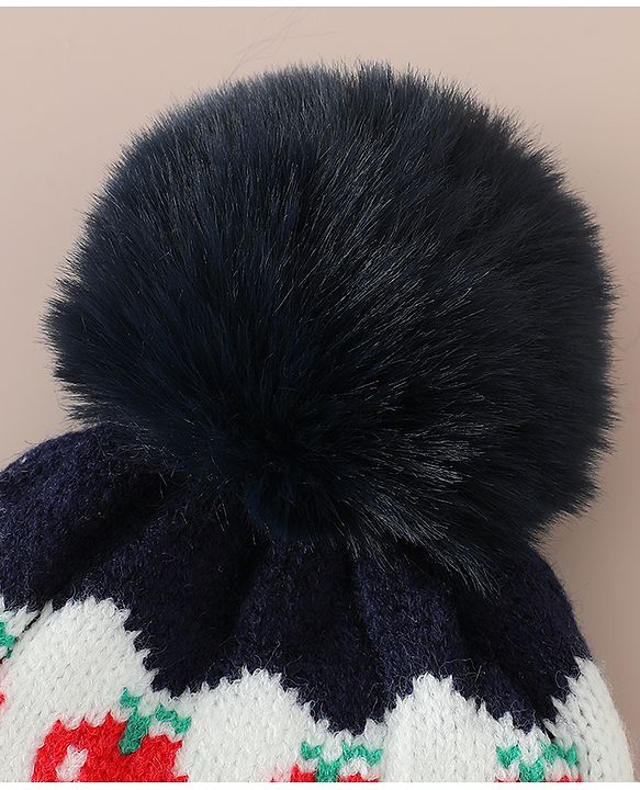 Babyhug Viscose Woollen Cap with Pom Pom & Tomato Print Pink - Diameter 17.5 cm