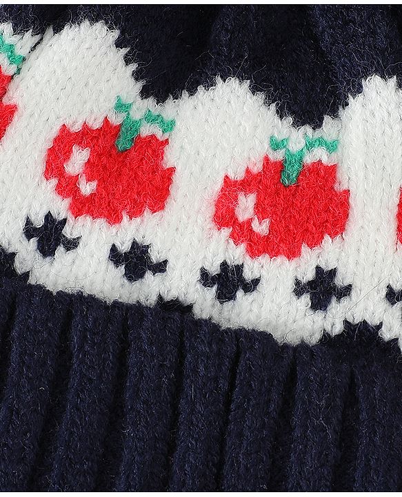 Babyhug Viscose Woollen Cap with Pom Pom & Tomato Print Pink - Diameter 17.5 cm